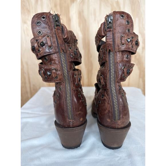 Lane Studded Leather Ankle Boots 9.5 Brown Western Cowgirl Strappy Booties - Picture 5 of 8